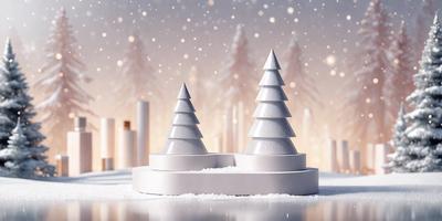 The primary subject of the image is a pair of white, snow-covered Christmas trees. The setting is a snowy environment, with the trees placed on a white surface. The visual style is a digital art or illustration, creating a festive and holiday atmosphere. The dominant colors are white and snowy, which evoke a sense of coldness and wintery charm.